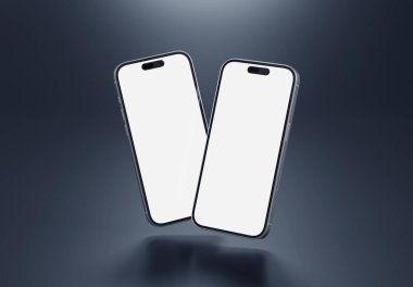 PARIS - Fransa - 20 Mart 2025 Apple akıllı telefonu, maksimum 16 profesyonel gümüş rengi. Siyah üzerinde yüzen iki cep telefonu modeli. 3d oluşturma