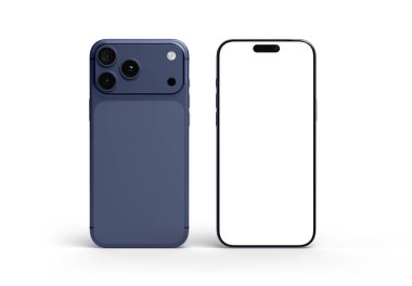 PARIS - Fransa - 02 Şubat 2026: Apple Iphone 17 Pro Max, koyu mavi renk. Ön ve arka görüntüler - Beyaz arkaplanda modern akıllı telefon - 3D görüntüleme