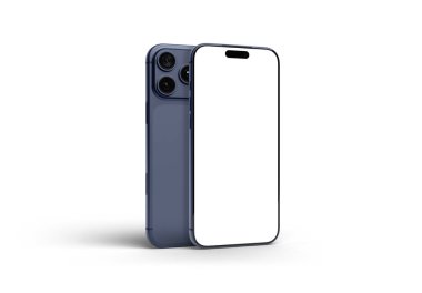 PARIS - Fransa - 02 Şubat 2026: Apple Iphone 17 Pro Max, koyu mavi renk. Ön ve arka görüntüler - Beyaz arkaplanda modern akıllı telefon - 3D görüntüleme