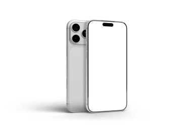 PARIS - Fransa - 02 Şubat 2026: Apple Iphone 17 Pro Max, gümüş rengi. Ön ve arka görüntüler - Beyaz arkaplanda modern akıllı telefon - 3D görüntüleme