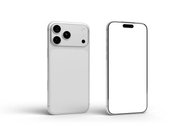 PARIS - Fransa - 02 Şubat 2026: Apple Iphone 17 Pro Max, gümüş rengi. Ön ve arka görüntüler - Beyaz arkaplanda modern akıllı telefon - 3D görüntüleme