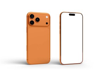 PARIS - Fransa - 02 Şubat 2026: Apple Iphone 17 Pro Max, kozmik turuncu renk. Ön ve arka görüntüler - Beyaz arkaplanda modern akıllı telefon - 3D görüntüleme