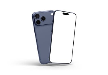 PARIS - Fransa - 02 Şubat 2026: Apple Iphone 17 Pro Max, koyu mavi renk. Ön ve arka görüntüler - Beyaz arkaplanda modern akıllı telefon - 3D görüntüleme