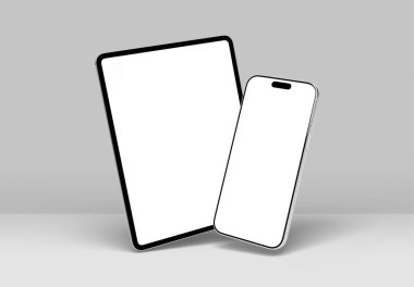 PARIS - Fransa - 06 Ocak 2026: Apple Iphone 17 Pro Max ve Ipad Pro, gümüş rengi. Gri renkte 3D akıllı telefon ve tablet modelleme