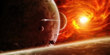 Red nebula in space with planet Earth clipart