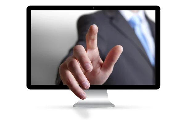 Businessman escaping from computer — Stock Photo, Image
