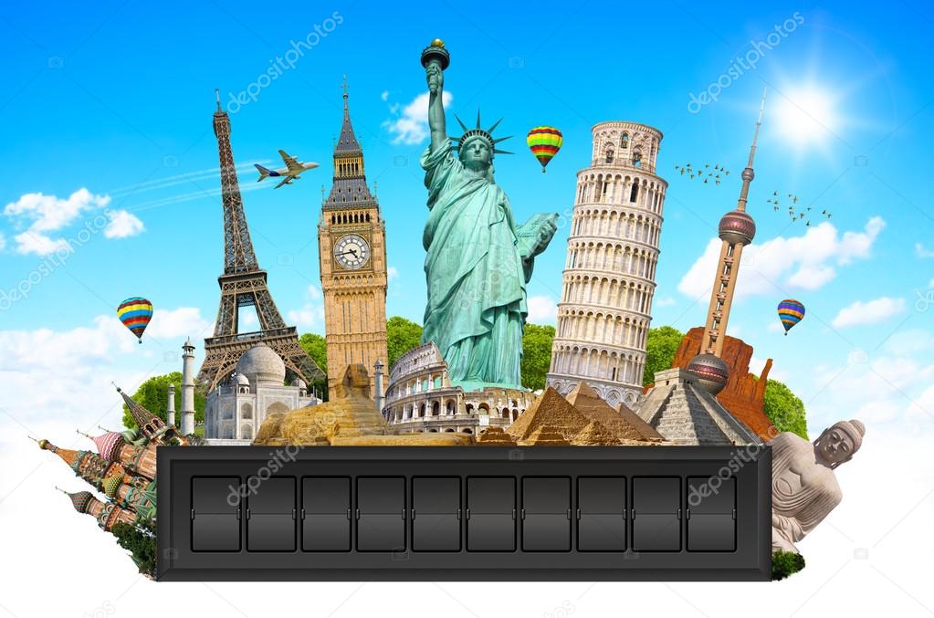 Monuments of the world on a airport billboard panel