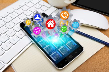 Modern cep telefonu ile cogwheels kutsal kişilerin resmi