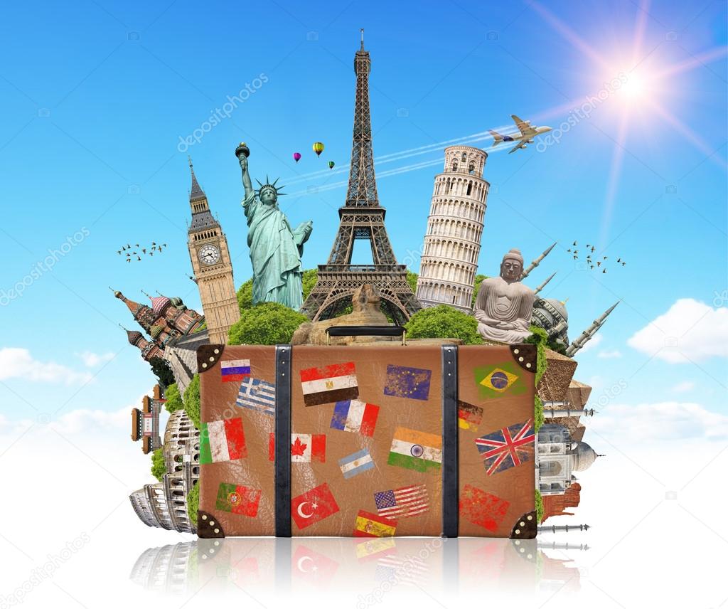 illustration of a suitcase full of famous monument