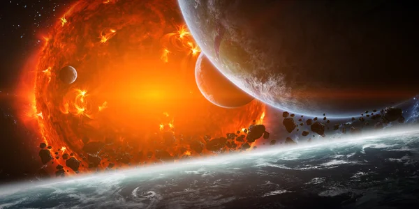 Wybuchające słońce w przestrzeni w pobliżu planety — Zdjęcie stockowe