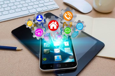 Modern cep telefonu ile cogwheels kutsal kişilerin resmi