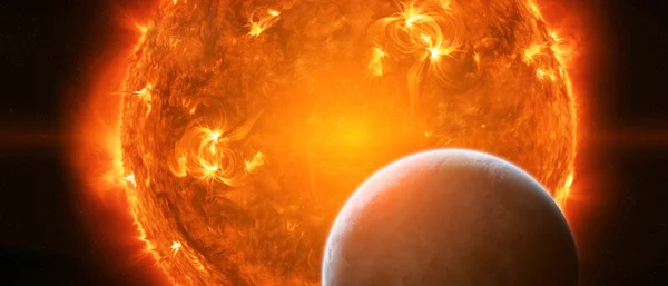 Sol explotando en el espacio cerca del planeta Tierra — Foto de Stock