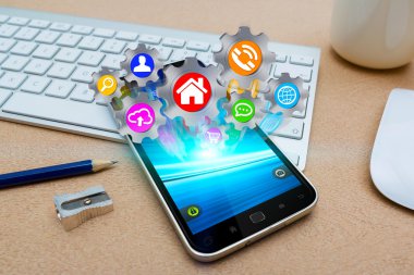 Modern cep telefonu ile cogwheels kutsal kişilerin resmi