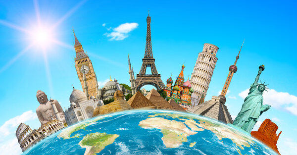 Famous monuments of the world grouped together on planet Earth