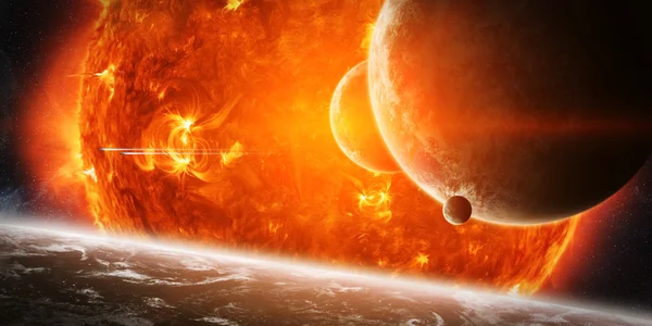 Exploding sun in space close to planet — Stock Photo, Image