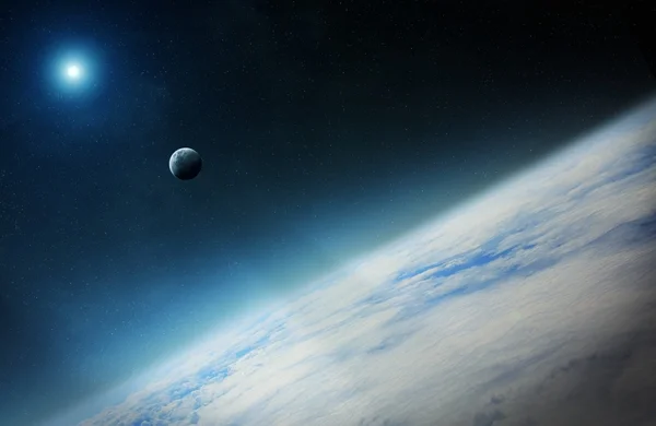 Vista da lua perto do planeta Terra no espaço — Fotografia de Stock