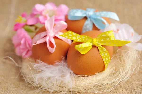 Easter eggs in the nest on a burlap — Stock Photo, Image