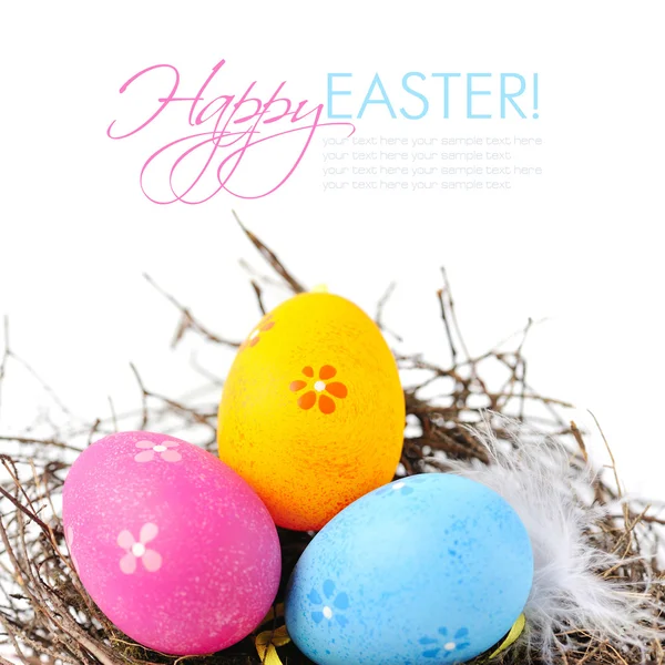 Цветные пасхальные яйца в гнезде на белом фоне — стоковое фото