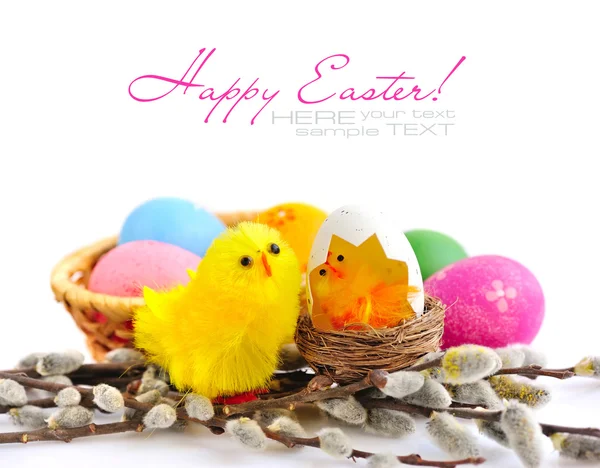 Coloridos huevos de Pascua y ramas de sauce sobre fondo blanco — Foto de Stock