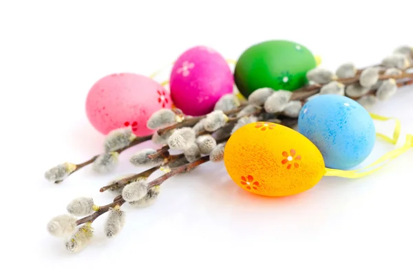 Ovos de páscoa coloridos e ramos de salgueiro no fundo branco — Fotografia de Stock
