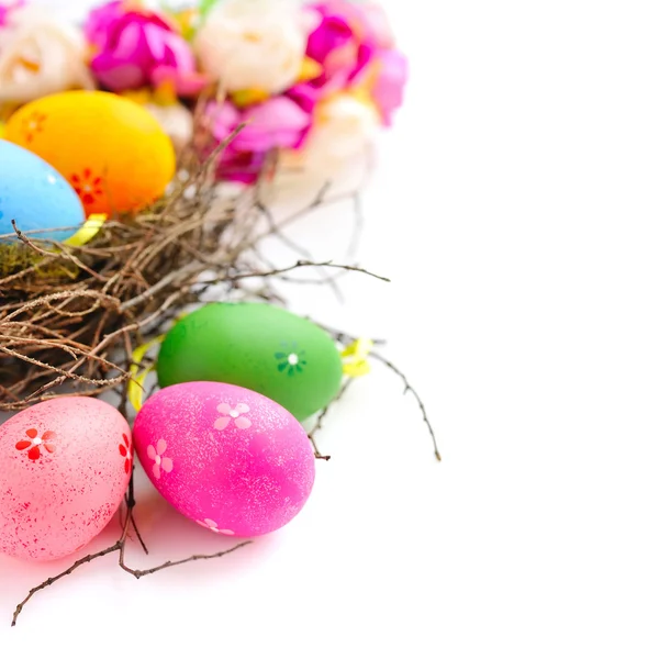 Kleurrijke Pasen eieren in nest op een witte achtergrond — Stockfoto