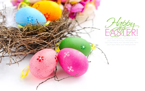 Colorful easter eggs in nest on a white background — Stock Photo, Image