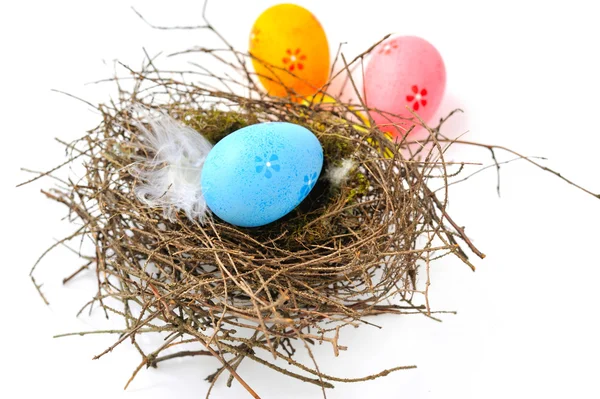 Yuvaya beyaz bir arka plan üzerinde renkli Paskalya yumurtaları — Stok fotoğraf