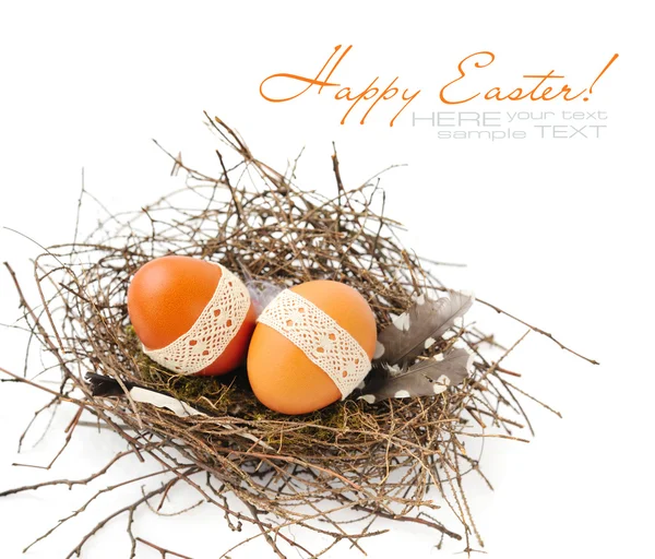 Fészek a húsvéti tojás egy fehér háttér — Stock Fotó