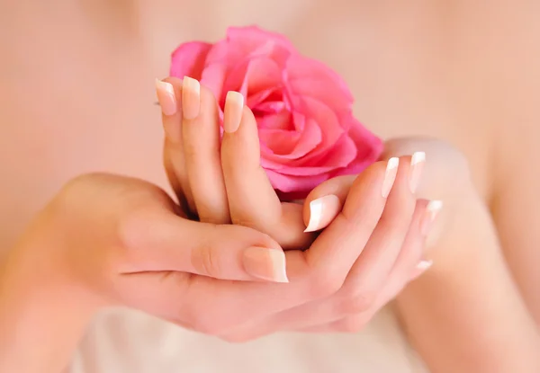 Imagen de primer plano de manicura francesa rosa con rosa — Foto de Stock