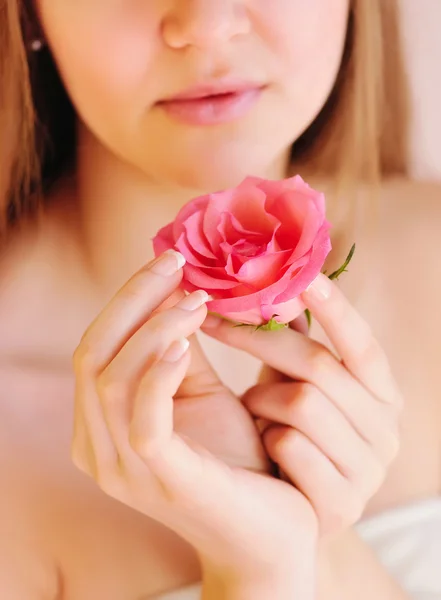Closeup image of pink french manicure with rose — Stock Photo, Image