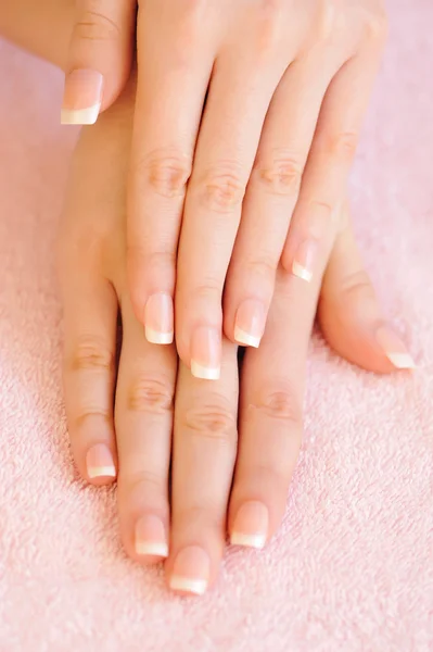 Mãos de mulher com bela manicure francesa — Fotografia de Stock