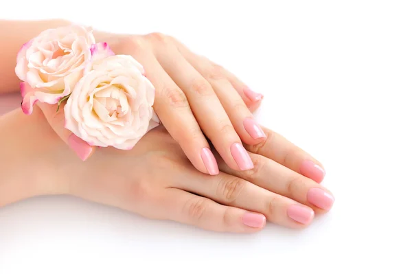 Mãos de uma mulher com manicure rosa em unhas e rosas contra fundo branco — Fotografia de Stock