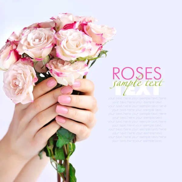 Hands of a woman with bouquet pink roses with space for your tex — Stock Photo, Image