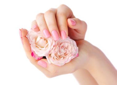 Pembe Gül beyaz arka plan üzerinde izole bir kadınla elinde