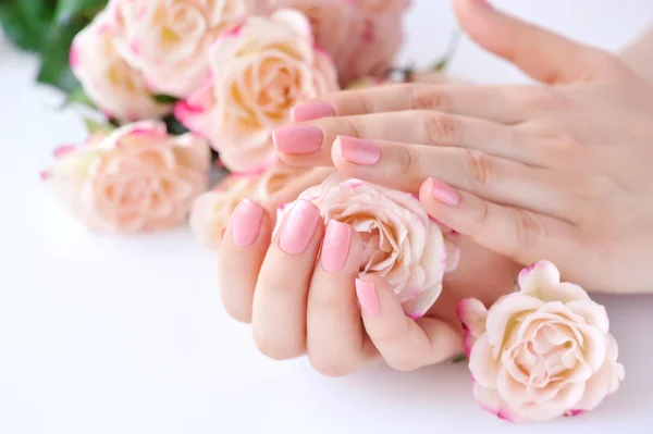 Manos de una mujer con manicura rosa en uñas y rosas —  Fotos de Stock