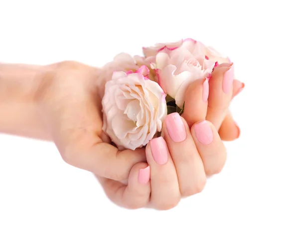 Ruce ženy s růžovými růžemi izolovaných na bílém pozadí — Stock fotografie