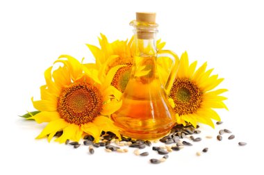 Ayçiçek yağı ile çiçek ve tohum beyaz arka plan üzerinde tarafından