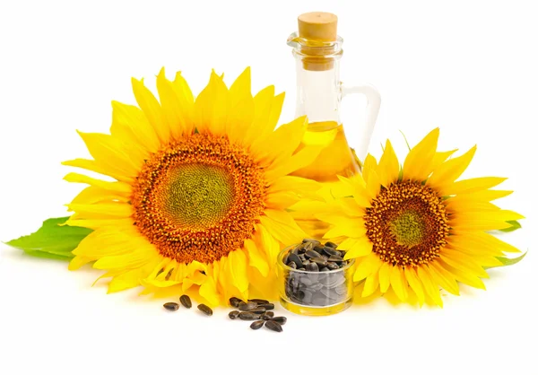 Olio di girasole con fiori e semi su sfondo bianco — Foto Stock