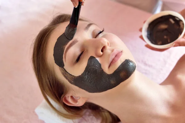 Procedure Applying Mask Clay Face Beautiful Woman Spa Treatments Care — Stock Photo, Image