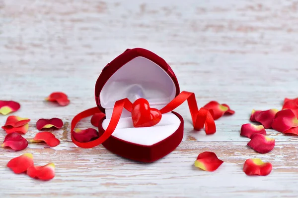 Open Heart Shaped Gift Box Glass Heart Petals Light Wooden — Stock Photo, Image