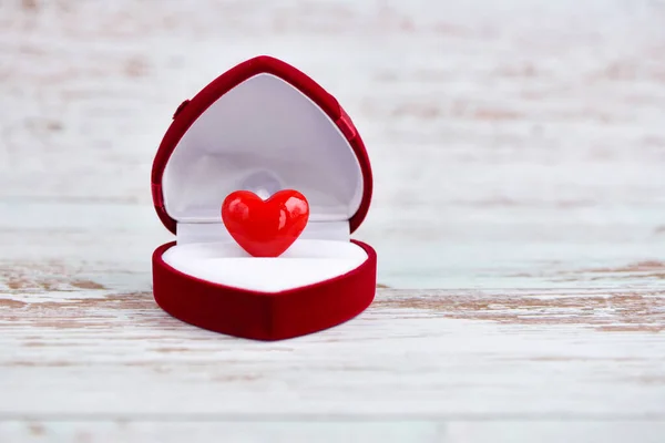 Open Heart Shaped Gift Box Glass Heart Light Wooden Background — Stock Photo, Image
