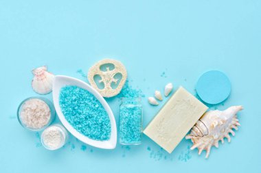 Deniz tuzu, krema, sabun, sünger ve kabuklar mavi arka planda kaplıcaya ayarlandı. Metin için boşluk olan üst görünüm 
