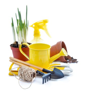 Bahçe aletleri, eldivenler, beyaz arka planda sulama kutusu. Bahçe işleri konsepti. İş için hazırlama