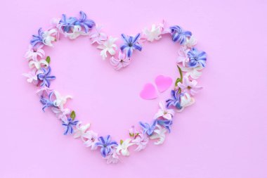 Pembe arka planda taze sümbül çiçeklerinden yapılmış kalp sembolü. Düz konum, üst görünüm, kopyalama alanı