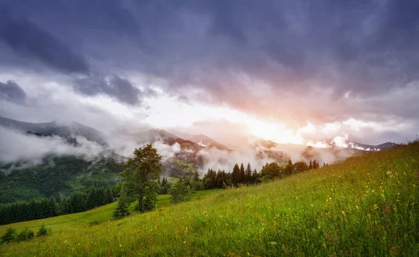 Prachtige Zomer Zonsondergang Scène Bergen Met Spectaculaire Hemel Mystiek Landschap — Stockfoto
