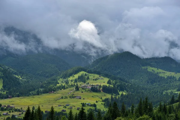 Esplêndido Vale Montanha Coberto Com Nevoeiro Após Chuva Com Prados — Fotografia de Stock