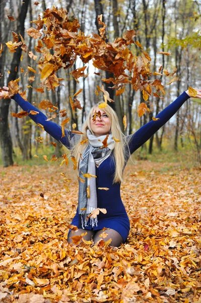 Schöne glückliche Frau, die mit Herbstblättern im Wald spielt — Stockfoto