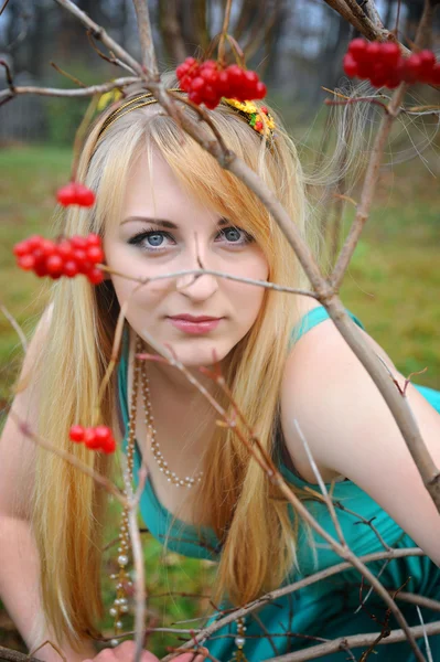 Retrato de una hermosa chica cerca del viburno rojo — Foto de Stock