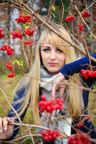 Porträtt av en vacker flicka nära den röd viburnum — Stockfoto