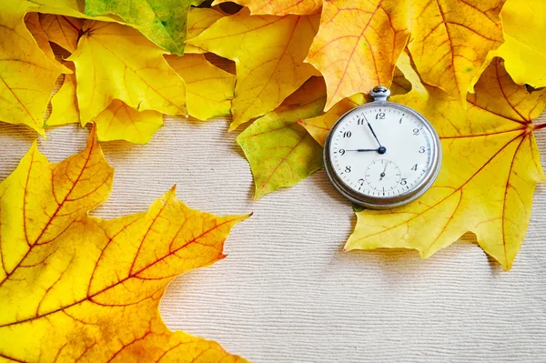 Un viejo reloj está en hojas de arce de otoño — Foto de Stock